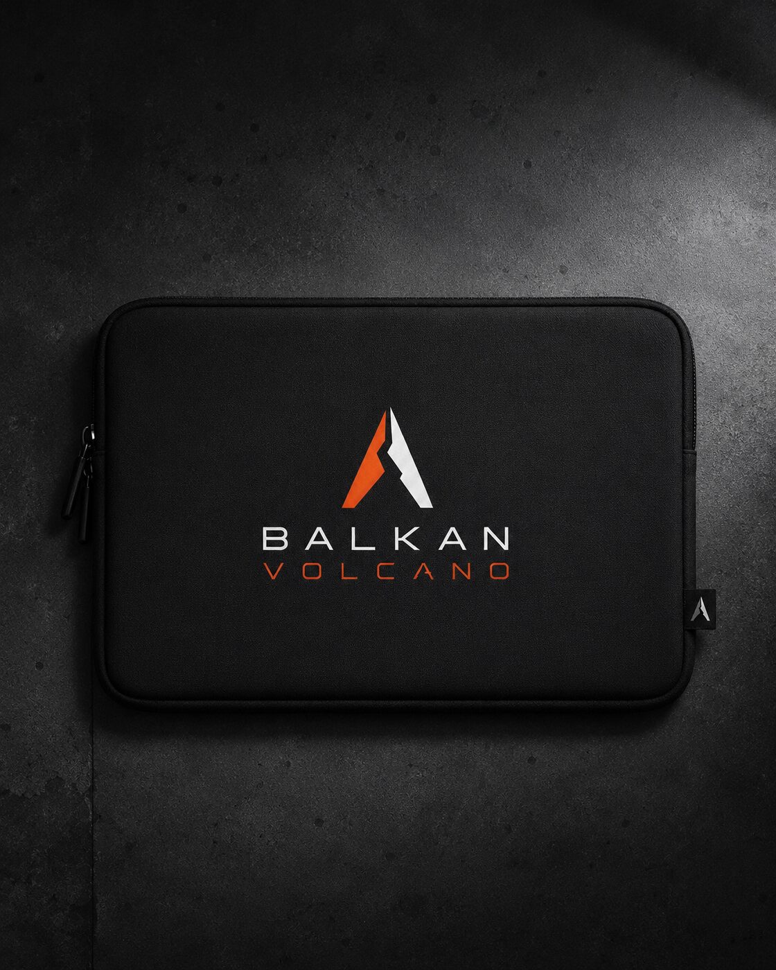 Black Obsidian Sleeve laptop case with Balkan Volcano mark.