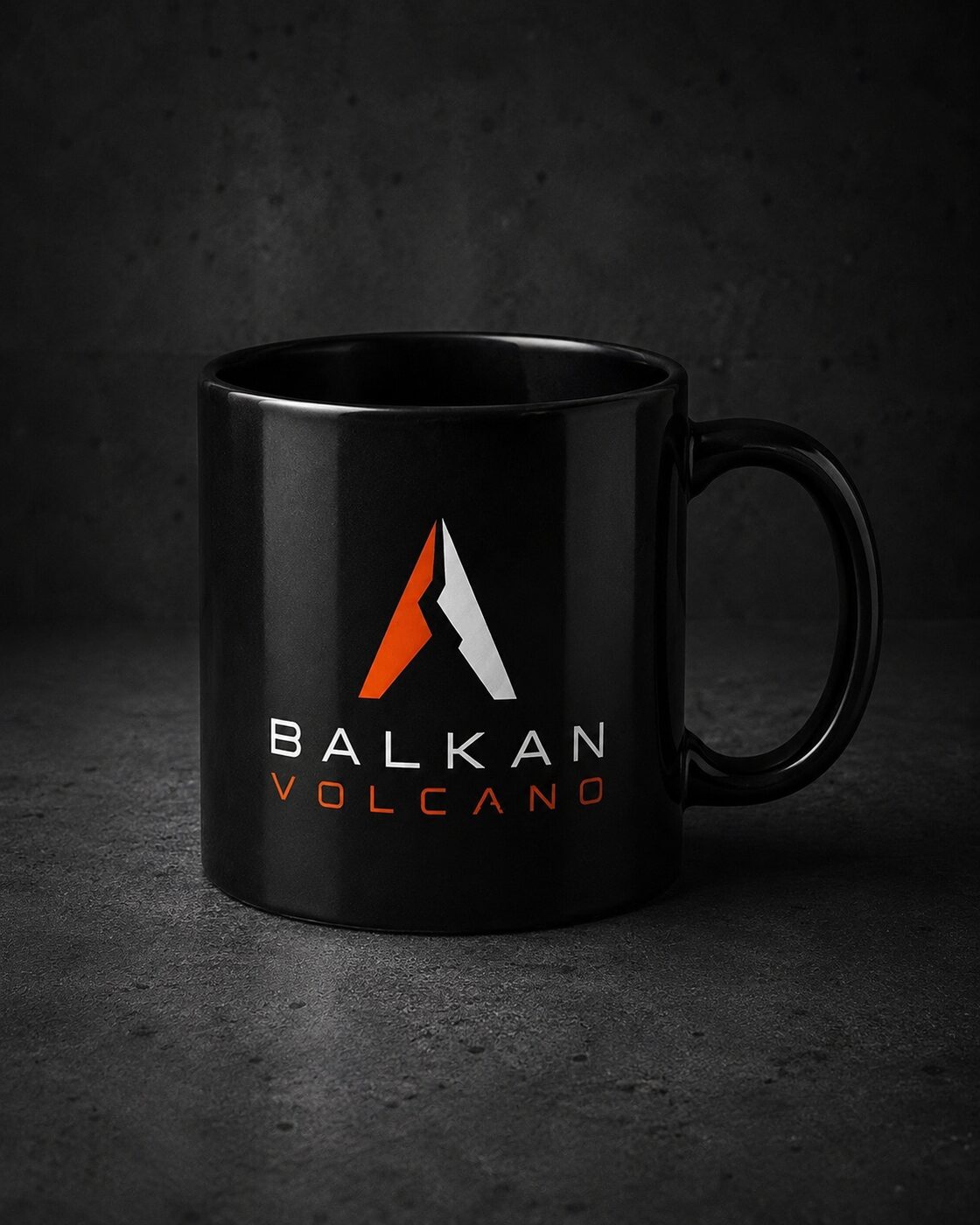 Black ceramic Signal Mug with the Balkan Volcano mark.